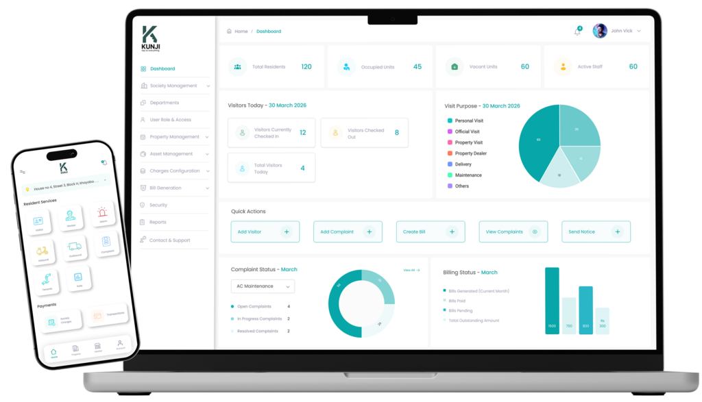 Kunji web portal and mobile app for society management and security system