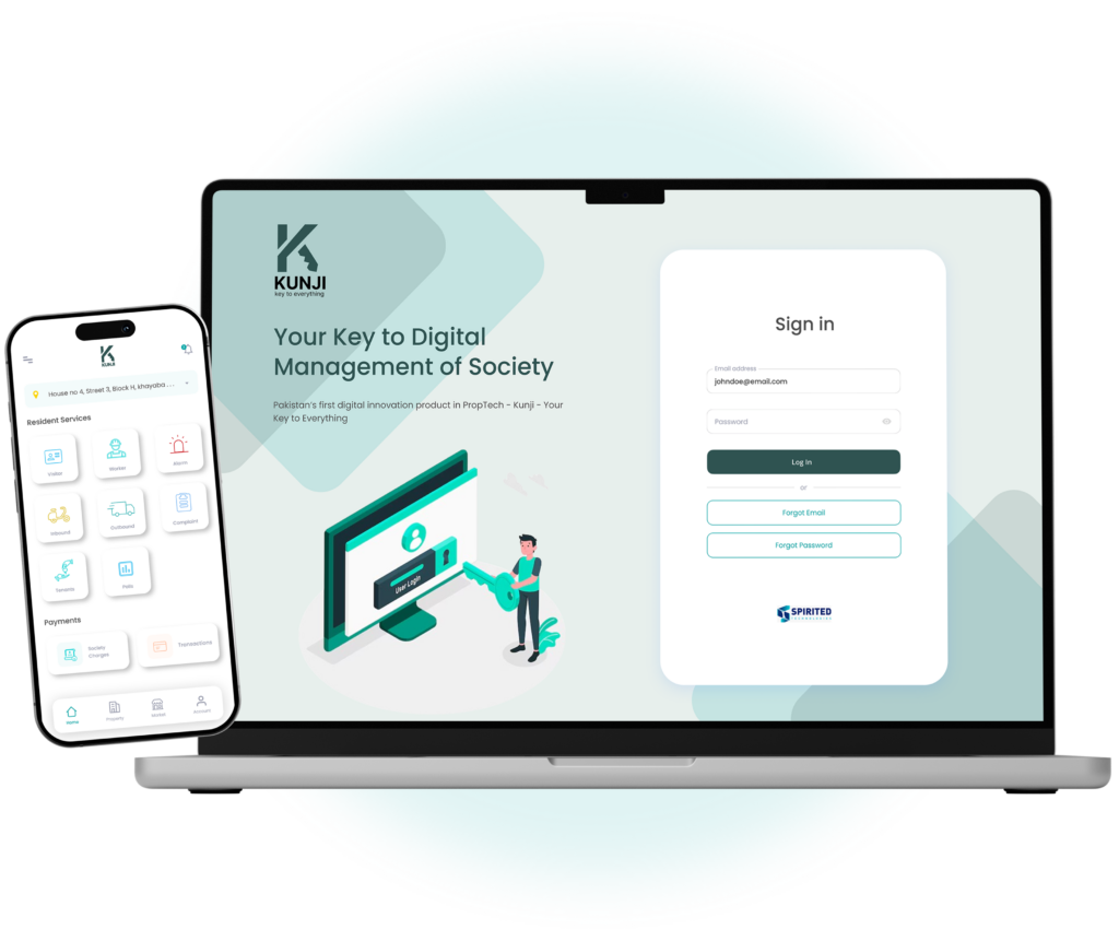 Society management app Pakistan dashboard by Kunji showing mobile and web interface